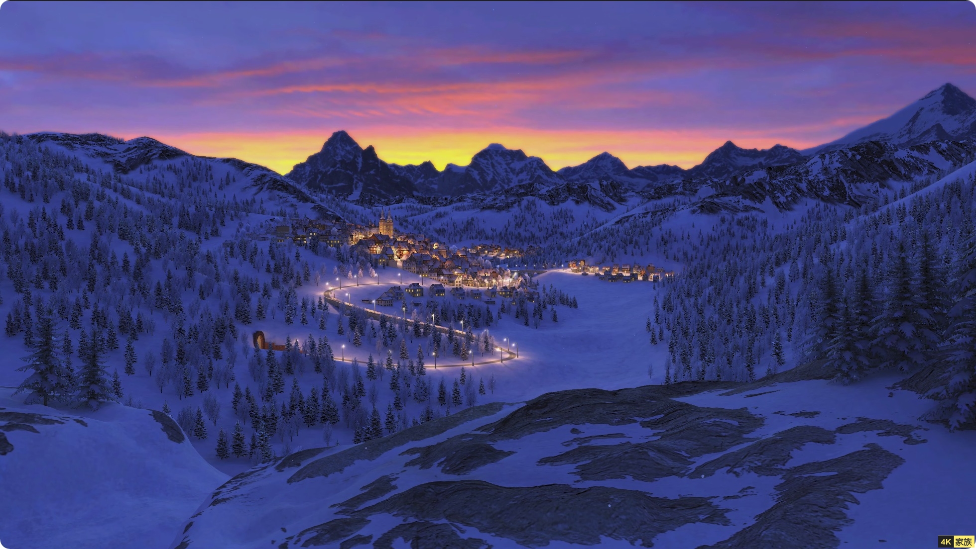 阿尔卑斯山谷镇子雪景 4K60FPS视频 第1张